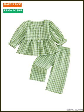 Girls Fall Outfit Cotton Blend Long Sleeve Ruffle Top Plaid Pants Set